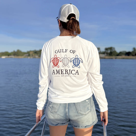 Gulf of America Shrimp/Turtle: Ladies' V-Neck Long-Sleeve Dri-Fit SPF 50