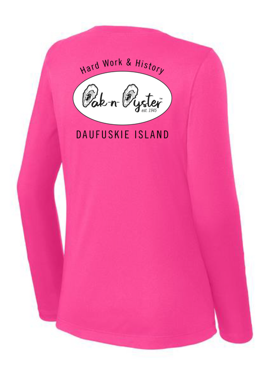 Ladies' V-Neck Long-Sleeve Dri-Fit SPF 50 : Oyster Logo Decal